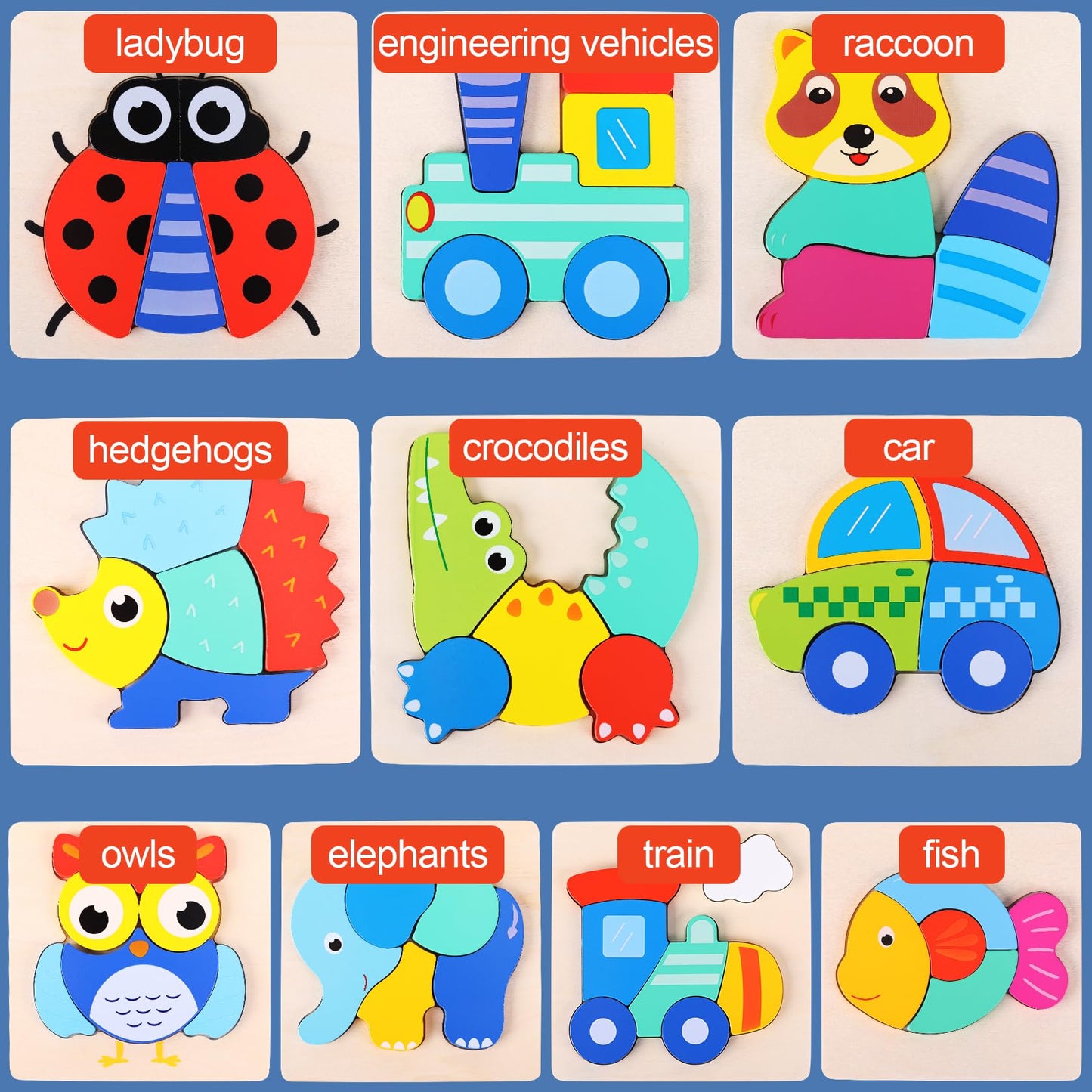 Qzmtoy Toddler Puzzles 10 Pack Wooden Puzzles For Toddlers,Montessori Puzzles For 1-3 2-4 Year Old,Infant Baby Learning Toys,Ani