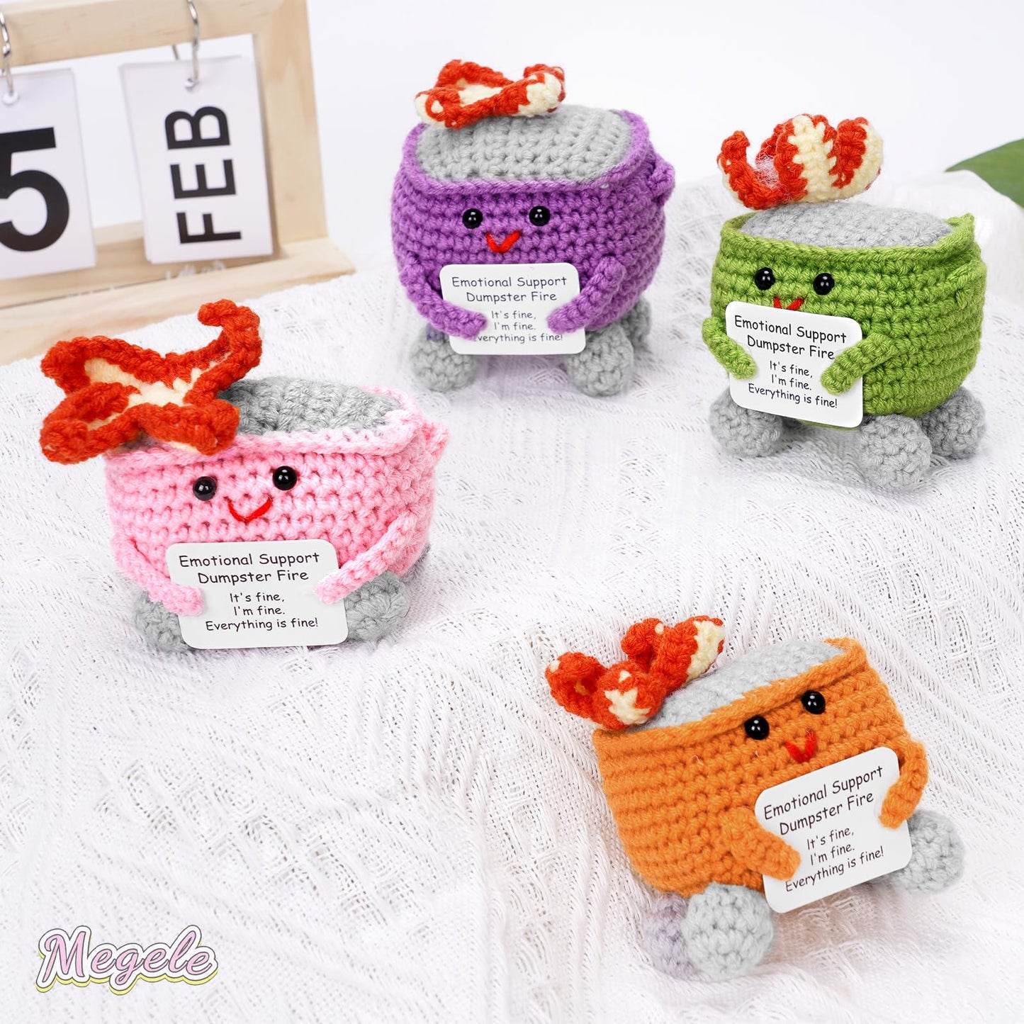 Megele 7pcs Emotional Support Dumpster Fire Gift Set Handmade Crochet Desk Accessories Room Decor Funny Gifts for Women Men Frie