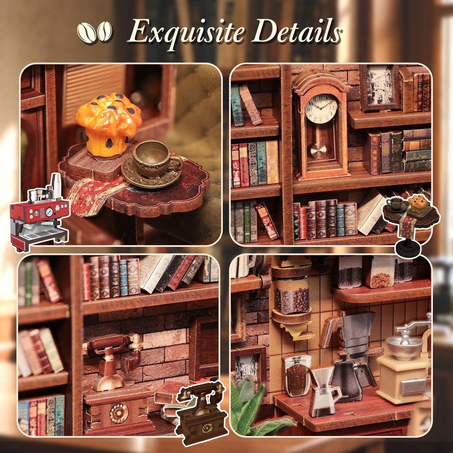 CUTEBEE Book Nook Kit DIY Miniature House Kits for mature-themed and Teens Dollhouse Booknook Tiny House Bookshelf 3D Wooden Puzzle DIY Craft Gifts for Family and Friends (Corner Coffee Shop)