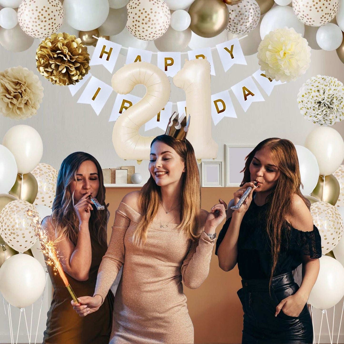 21St Birthday Decorations For Her, Happy 21St Birthday Decorations White And Gold Balloons Happy Birthday Banner Tablecloth Frin