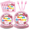 96Pcs Pink Cat Birthday Party Supplies Cartoon Cute Cat Paper Plates and Napkins Pink Bow Rainbow Disposable Tableware Set for B