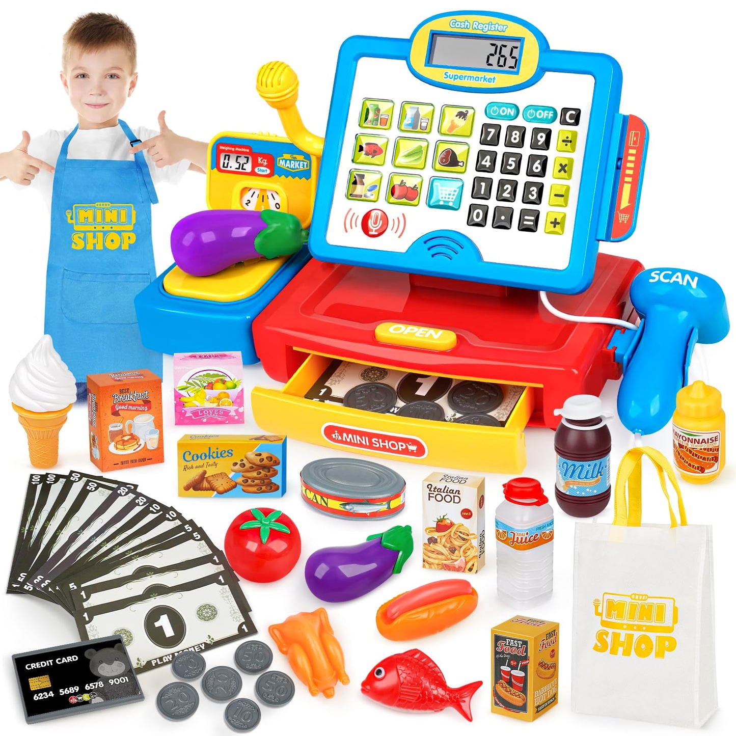 Cash Register Toy For Kids With Real Calculator, Cashier Register With Scanner/Weighter/Credit Card/ Play Money/ Food/Microphone