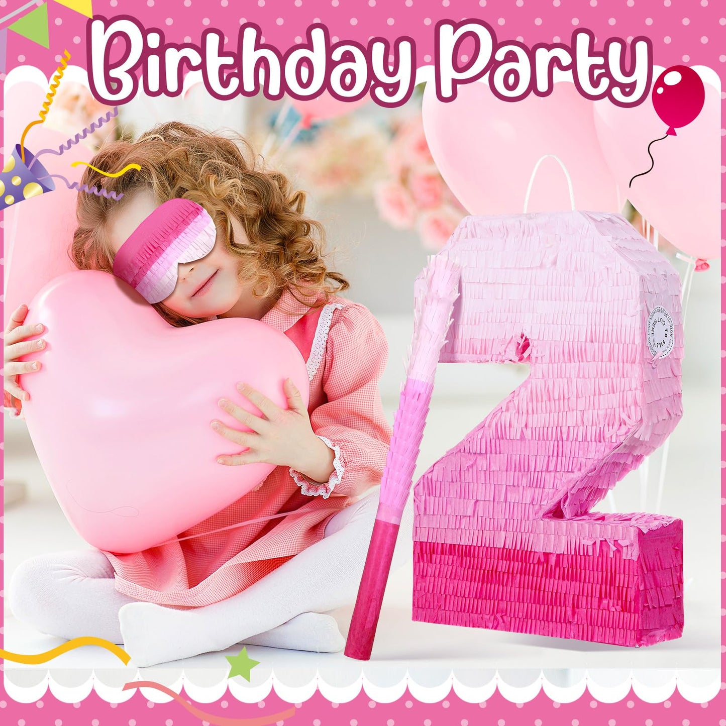 Sratte Number Piñata Number Birthday Piñata Decorations Gradient Pink Piñata With Stick Blindfold Confetti For Girls Boys Birthday Anniversary Party Decorations Supplies(Number 2)