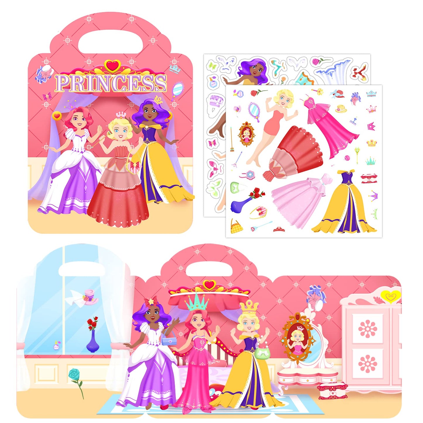 Reusable Sticker Books For Kids 2-4, Sticker Book Princess Dress-Up Theme Activity Books For Kids Toddler Girls Ages 3-5 Travel Car Busy Book Christmas Birthday Gifts
