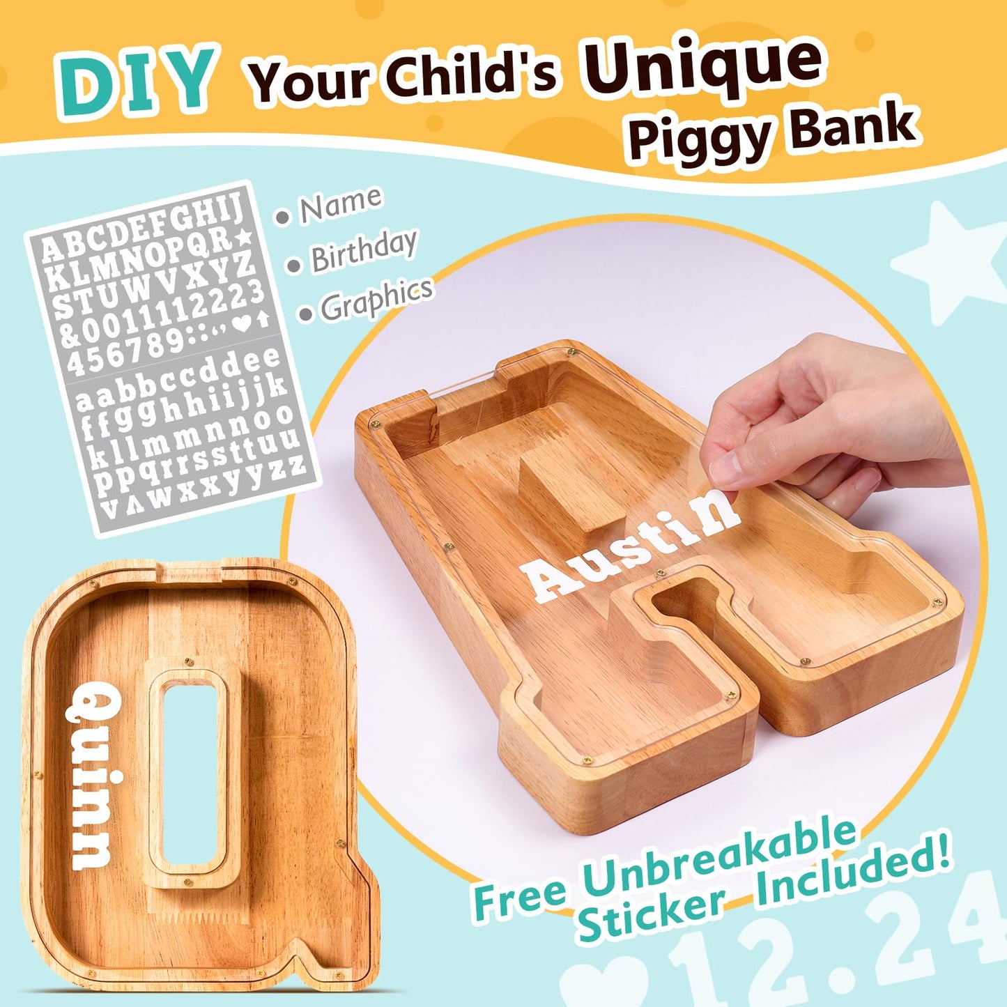 Summidate Wooden Letter Piggy Bank| Piggy Bank For Boys Girls Toddler| Alphabet Q Money Bank| Coin Bank Birthday Gift For Kids|2024 Graduation Money Box (Q)