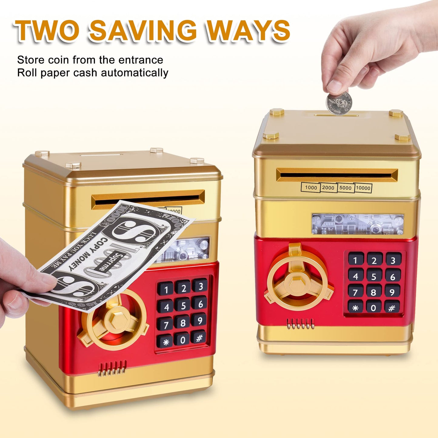Gudoqi Piggy Bank, Electronic Money Bank, Safe Mini Atm Cash Coin Can, Auto Scroll Paper Money Saving Box, Great Birthday Gifts For Kids, Gold