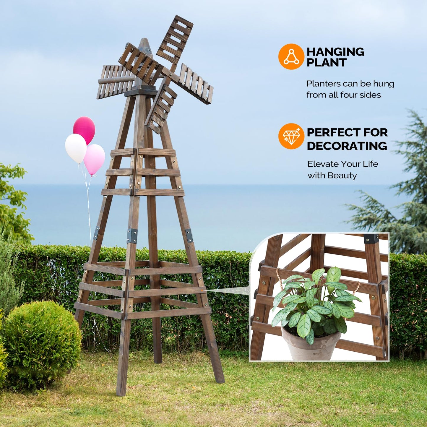 Vingli Outdoor Yard Windmill, Wooden Wind Spinner For Garden Yard Lawn Patio Decoration (Carbonized Wood, Medium)