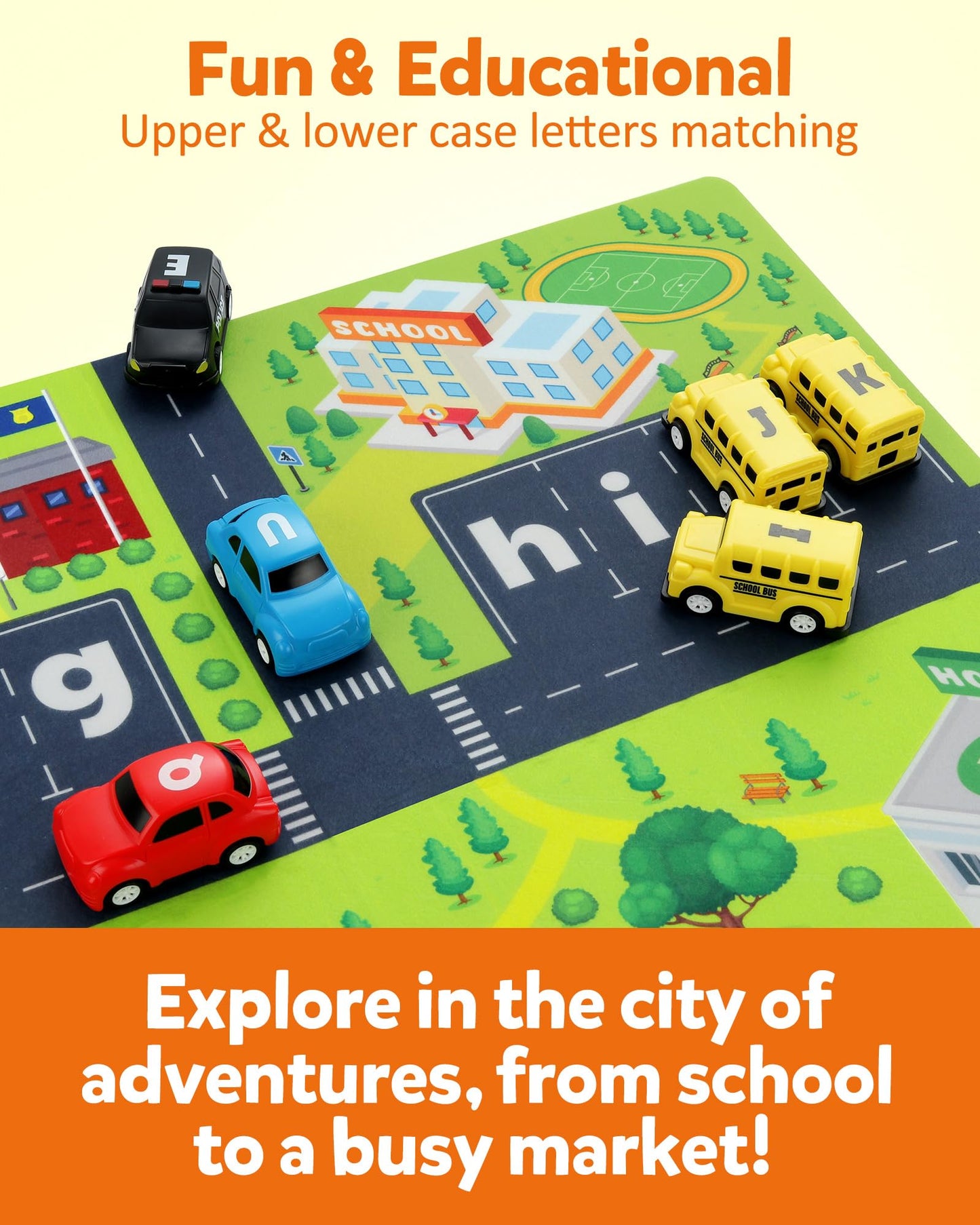Coogam Alphabet Maze, 26pcs Pull Back Car with Play Mat Preschool Letter Matching Game for 3 4 5 Years Old, Montessori Education
