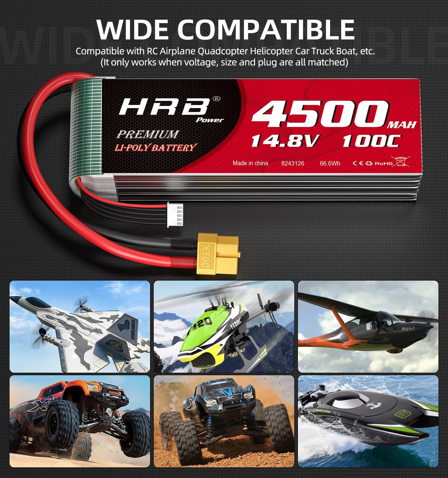 HRB 2packs 4S Lipo Battery XT60 4500mAh 100C 14.8V RC Lipo Battery Compatible with RC Car RC Plane RC Truck RC Boat