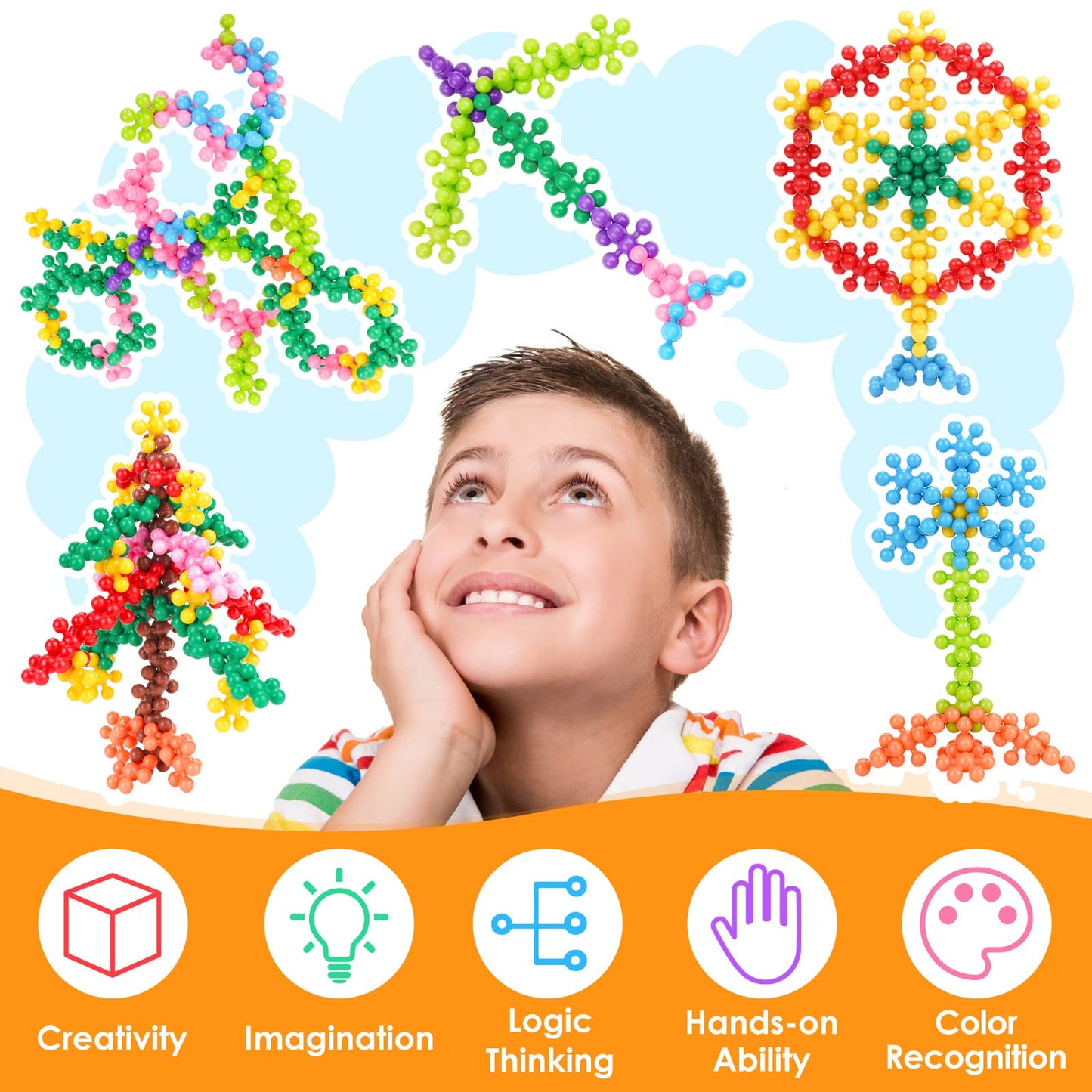 Nitoy Snowflake Interlocking Building Block Educational Toy 300Pcs For Kids Ages 3+, Multi-Color Solid Plastic Early Learning Creativity Stem Toy With Carrying Case Safe Material