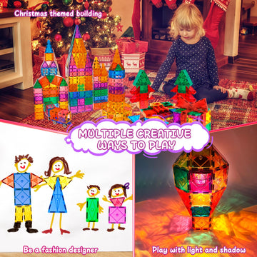 Lotmey 132PCS Magnetic Tiles with 2 Cars Deluxe Set, 3D Magnetic Building Blocks, Preschool Magnetic STEM Toys Sensory Education