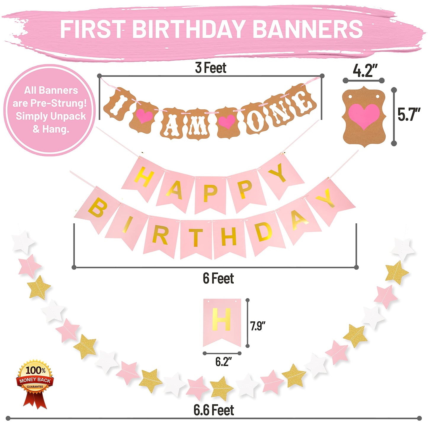 1st Birthday Girl Decorations WITH Birthday Crown- Baby First Birthday Decorations Girl - Pink and Gold Party Supplies - One Bal