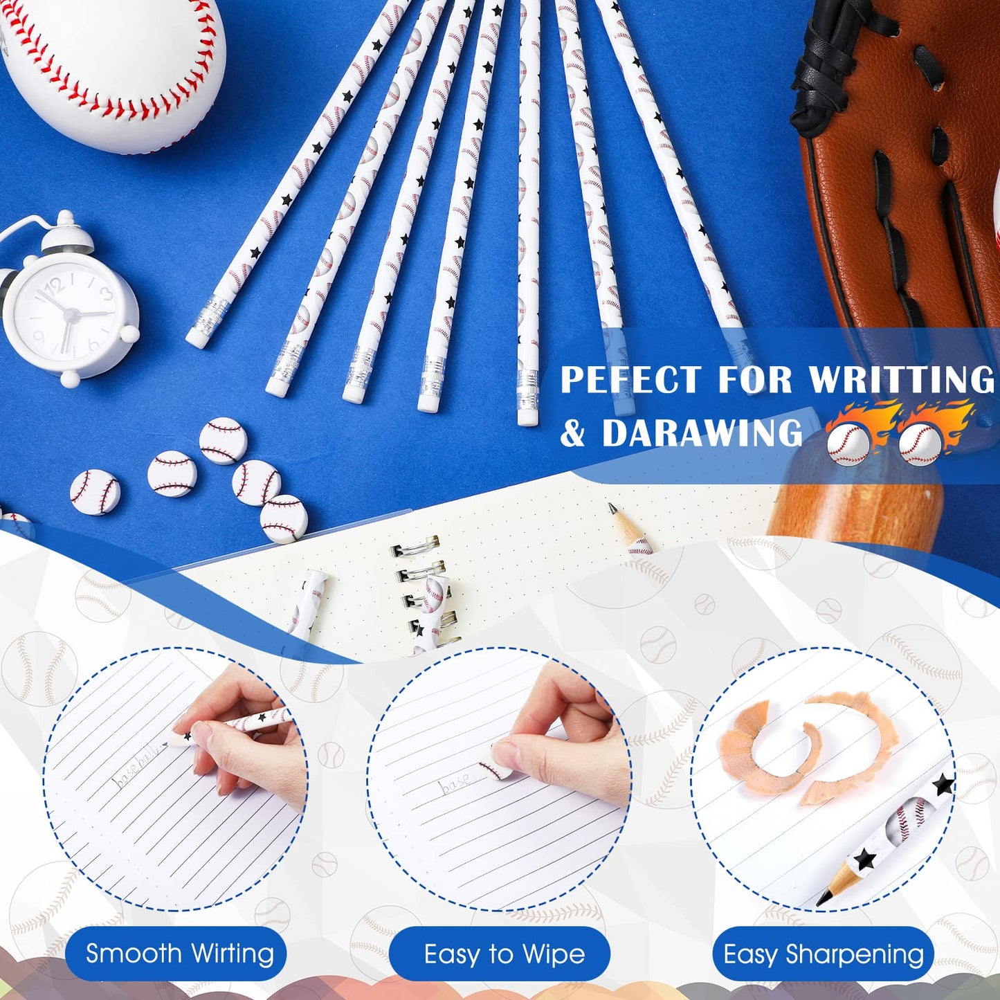 Tinlade 72 Pcs Sports Pencils And Erasers For Kids Fun Wooden Pencils For Kids Boys Sports Themed Birthday Party Favors Students Stationery Party School Office Supplies(Baseball)
