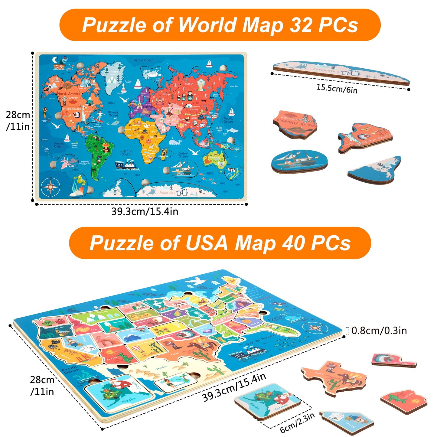 2 Pack Puzzles For Kids Ages 4-6, Wooden Puzzles For Toddlers, Busy Board, Map Jigsaw Puzzle Educational Wood Floor Puzzle, World Usa Maps Puzzles Toy Gift For Boys And Girls (Us & World Map)
