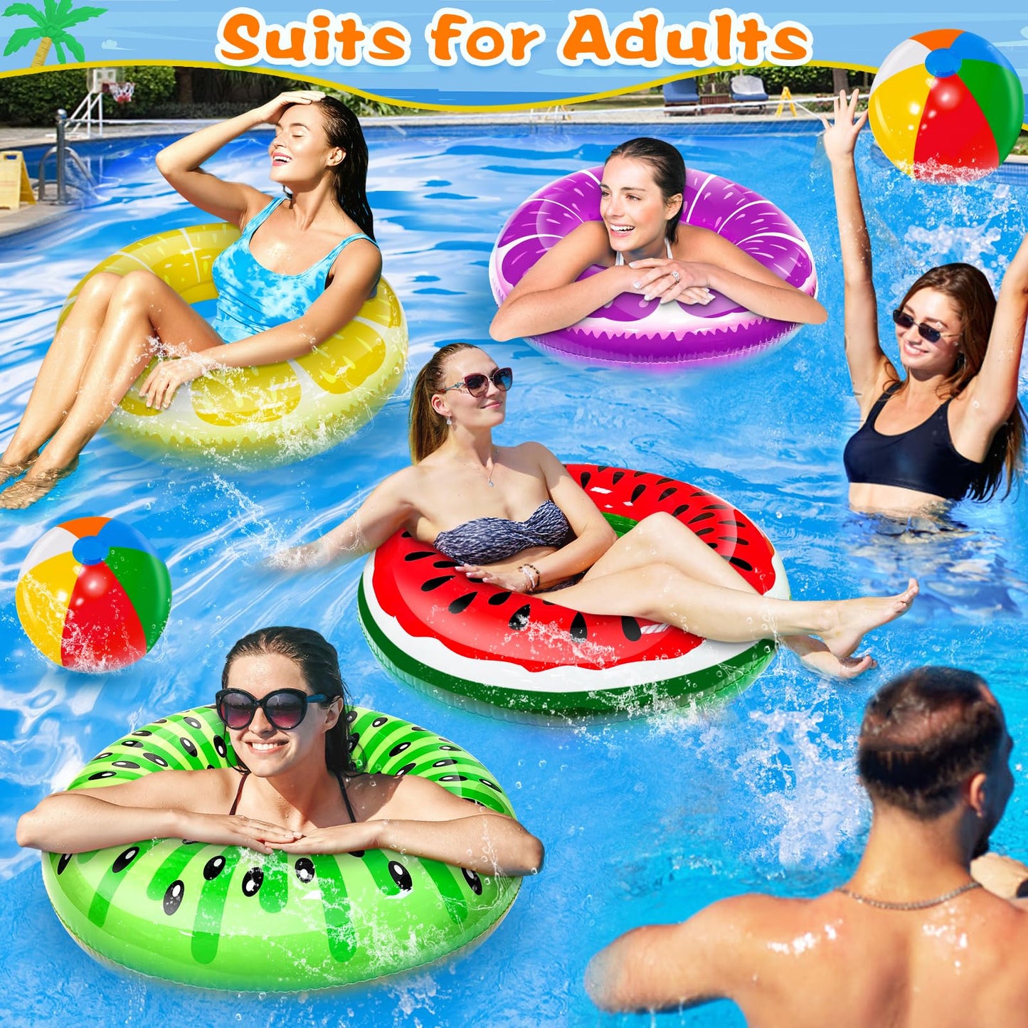 iGeeKid 8 Pack Inflatable Pool Floats - 4 Fruit Swim Tubes & 4 Beach Balls, Large Plastic, Summer Fun for Kids & Adults