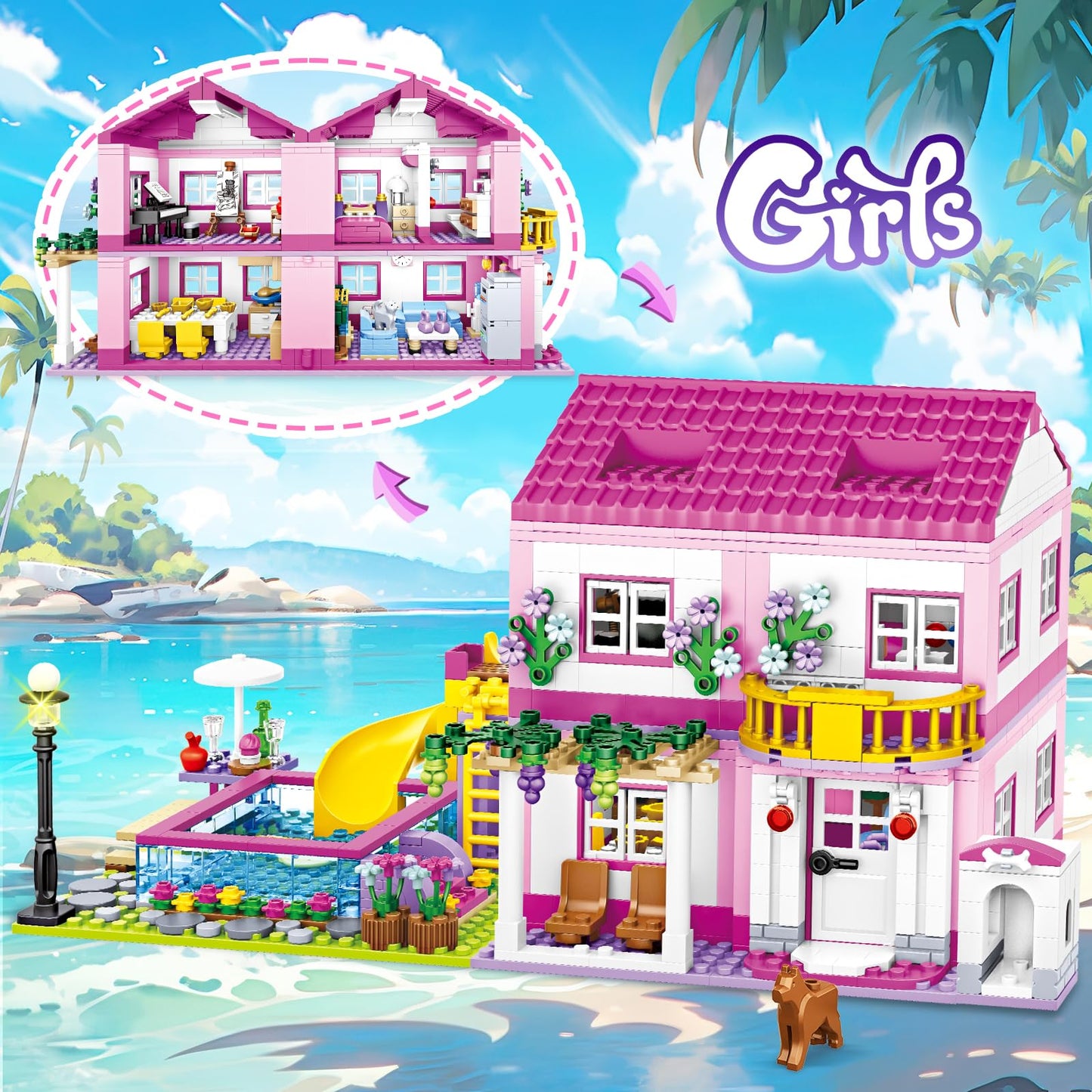 Pink Girls Summer Villa Friends Building Set Compatible With Lego Friends Construction Educational Toy For Kids Age 8-12 And Up 1018 Pcs