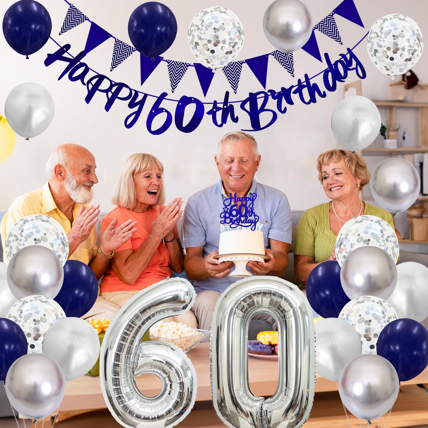 60Th Birthday Decorations For Men, Navy Blue Silver 60Th Birthday Balloons With Blue Happy 60Th Birthday Banner 70 Birthday Cake