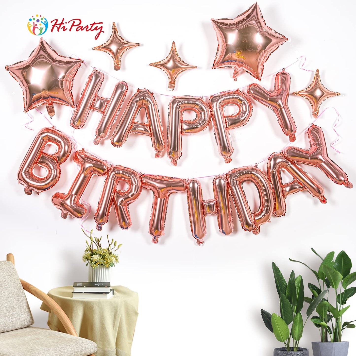 23Pcs Birthday Balloons Banner, 3D Rose Gold Mylar Foil Letter Happy Birthday Banner With 5Pcs Star Balloons Kits For Kids Girls