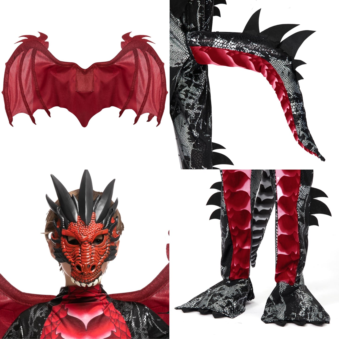 Spooktacular Creations Halloween Kids Red And Black Dragon Costume, Boys Dragon Wings, Tail And Mask Set For Halloween Dress Up-L(10-12Yr)