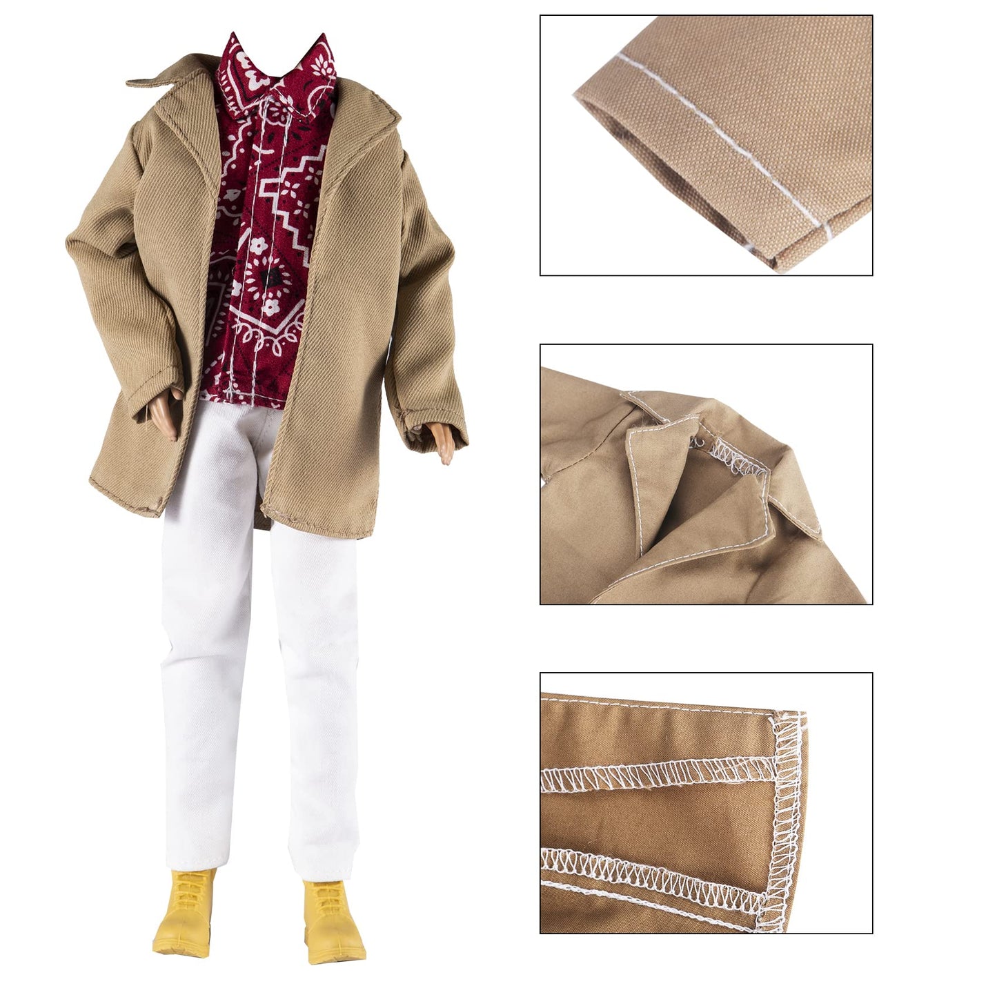 E-Ting 10-Item Trench Coat Pack = 5 Sets Fashion Casual Wear Clothes Outfit +5 Pairs Shoes For Boy Doll Random Style (Khaki Long Jacket Overcoat + Casual Wear Clothes +Swim Trunks)