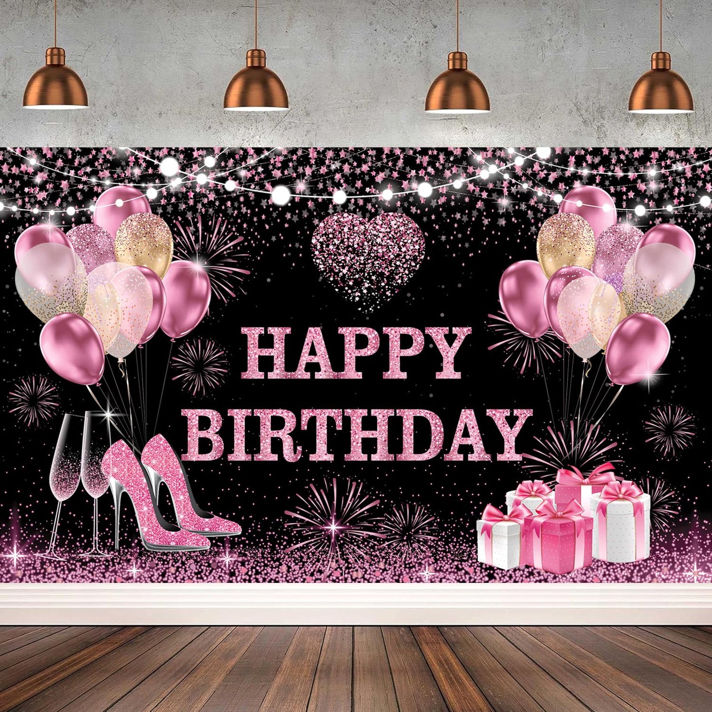 YinQin 180x120 cm Pink Gold Happy Birthday Backdrops Cloth 71x47 in. Birthday Photography Backgrounds Glitter Black Rose Gold Bi