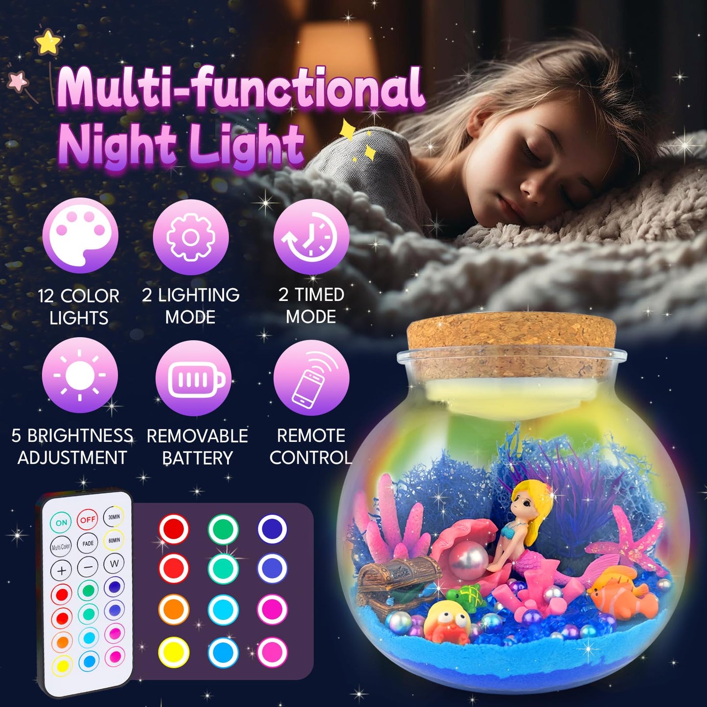 Mermaid Terrarium Craft Kit For Kids - Led Night Light Up & Remote Mermaid Birthday Gifts Toys For Girls Age 5 6 7 8 9 10 11 12