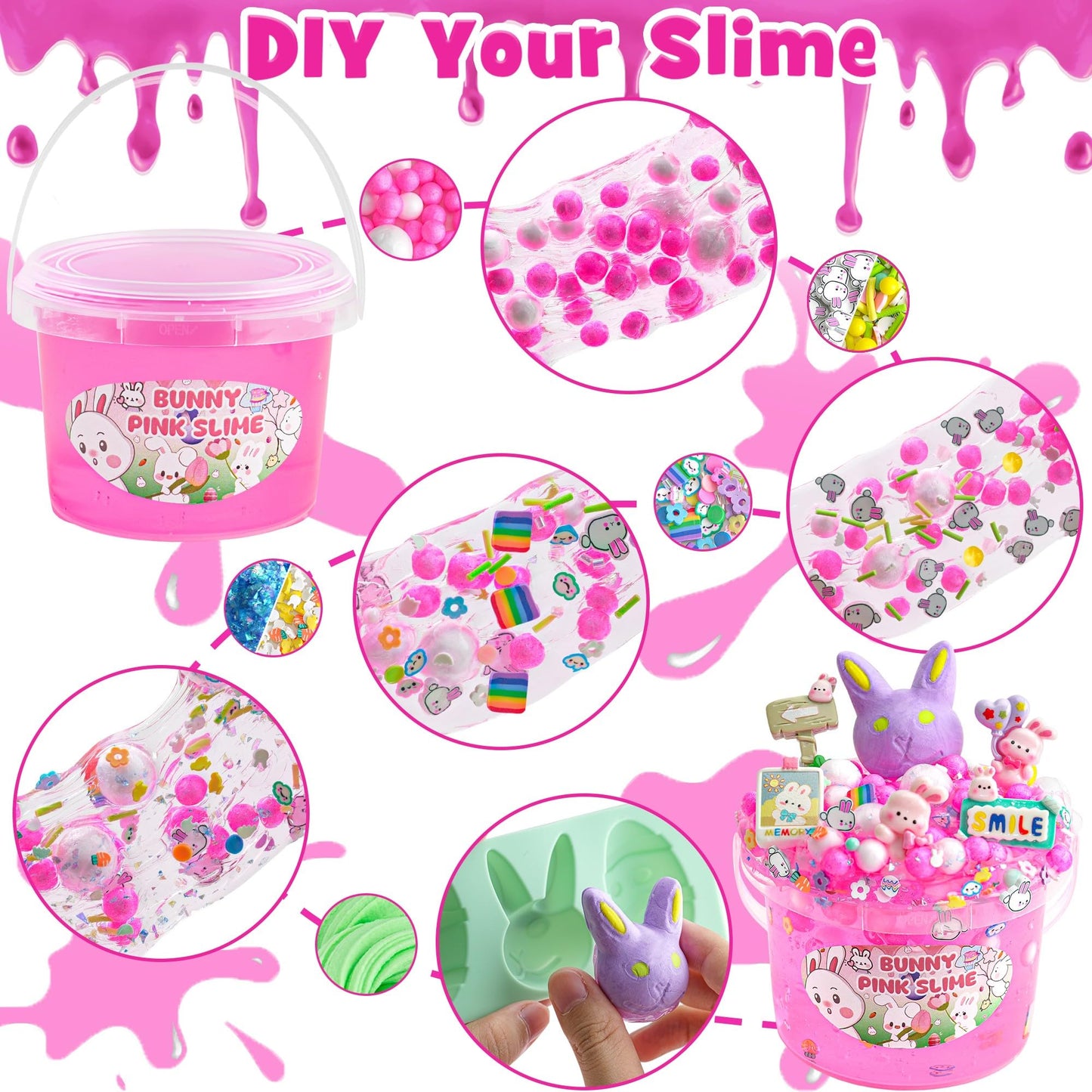 Lawoho Bunny Clear Slime 300Ml, Pink Clear Slime Kit For Girls Ages 8-12 With 8 Add-Ins, Slime For Kids Party Favors, Non Stick Slime With Easter Eggs Clay, Birthday Halloween Christmas Easter Gifts