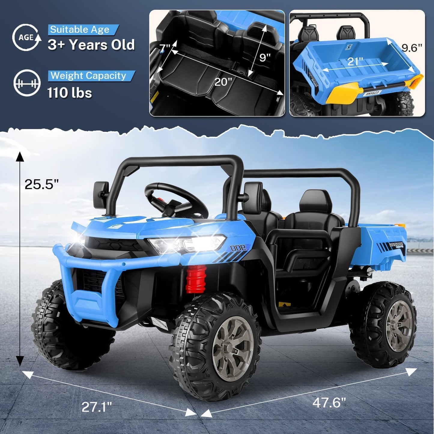 Hikole 24 Volt Ride On Dump Truck For Kids 4-8, 2 Seater Ride On Utv With Remote Control, Electric Dump Bed, 400W Powerful Motor