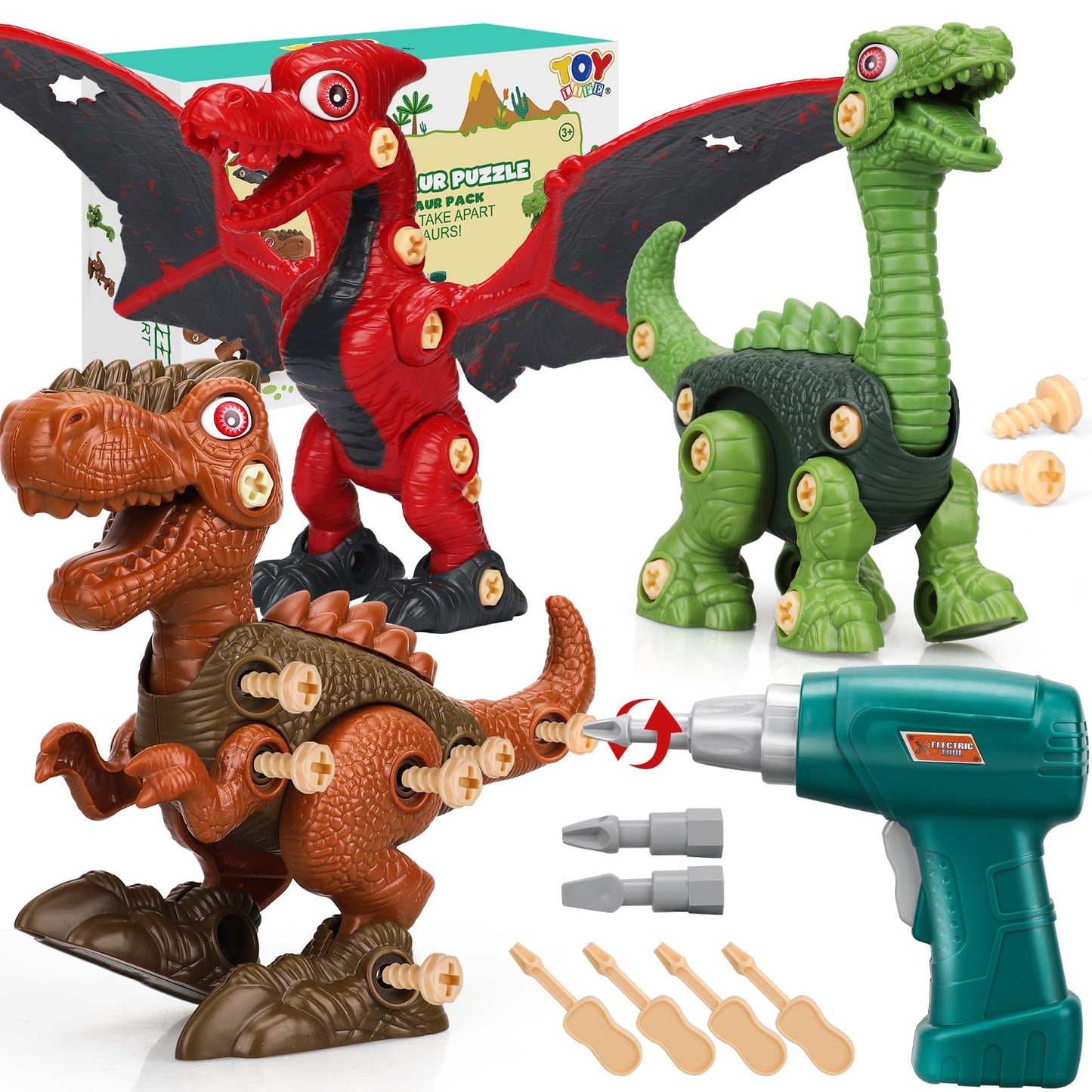 TOY Life 3-Pack Take Apart Dinosaur Toys for Kids 3 5 7 Kids Dinosaur Toys with Electric Drill Dinosaur Birthday Gifts Take Apar