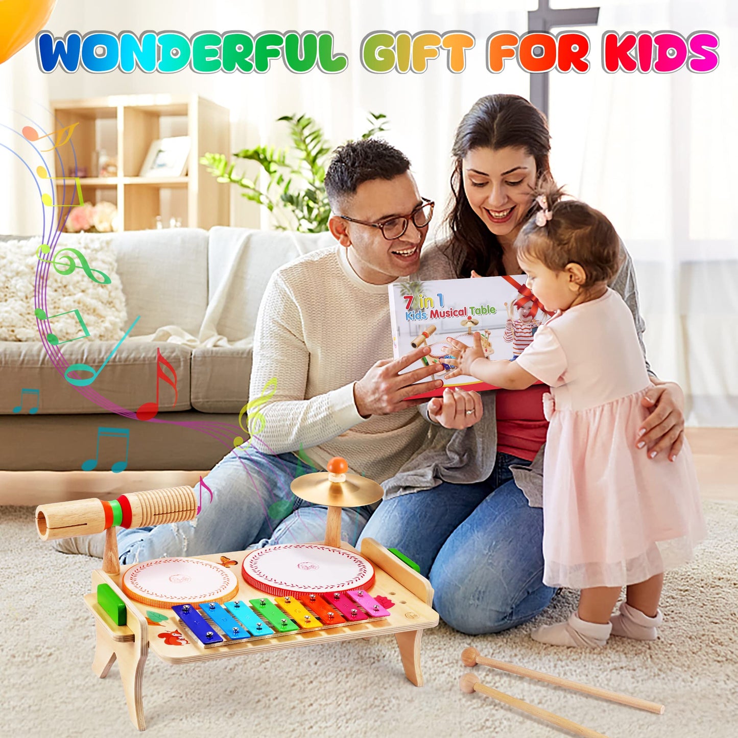 Wingyz Kids Drum Set - 7 in 1 Montessori Music Instruments, Natural Wood, Cat Drum-501, Perfect Birthday Gift for Boys and Girls