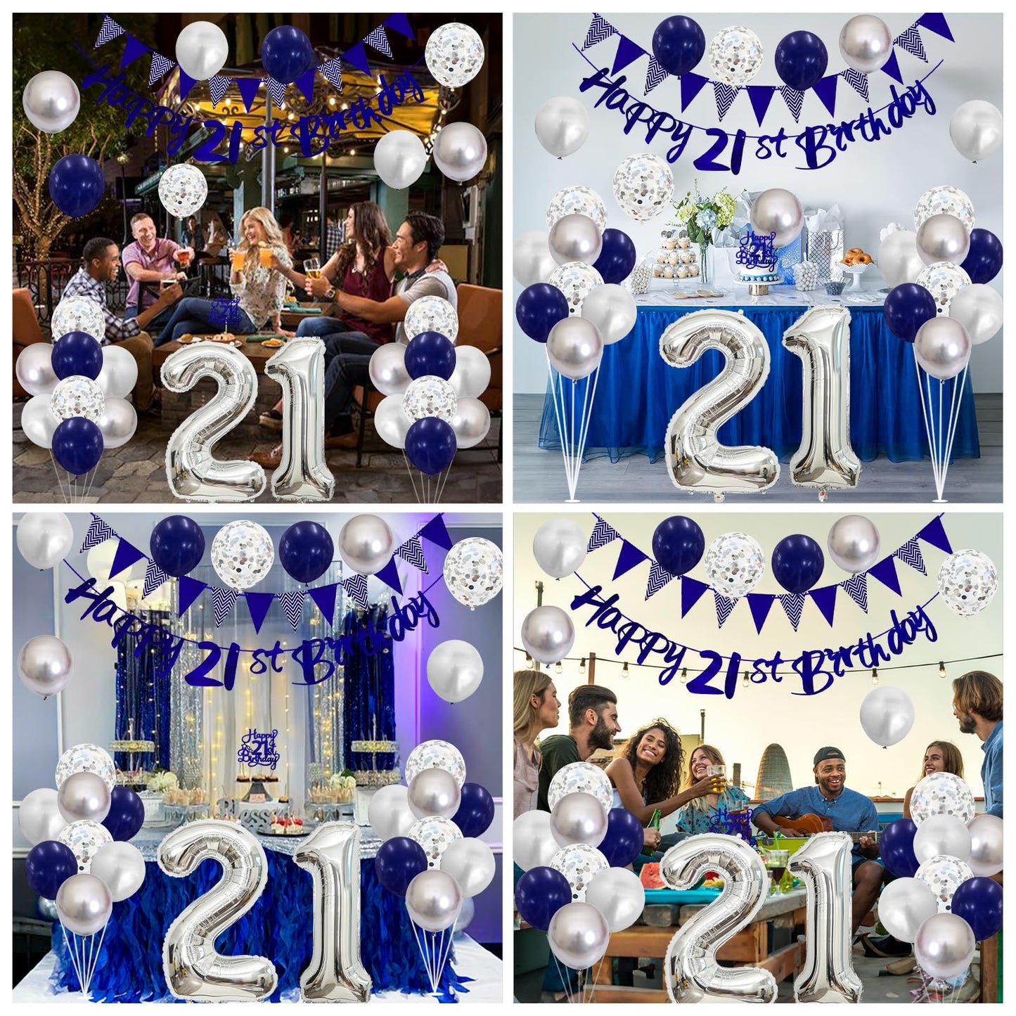 21St Birthday Decorations For Him, Blue Happy 21St Birthday Banner With Navy Blue Silver 21St Birthday Balloons 21 Birthday Cake