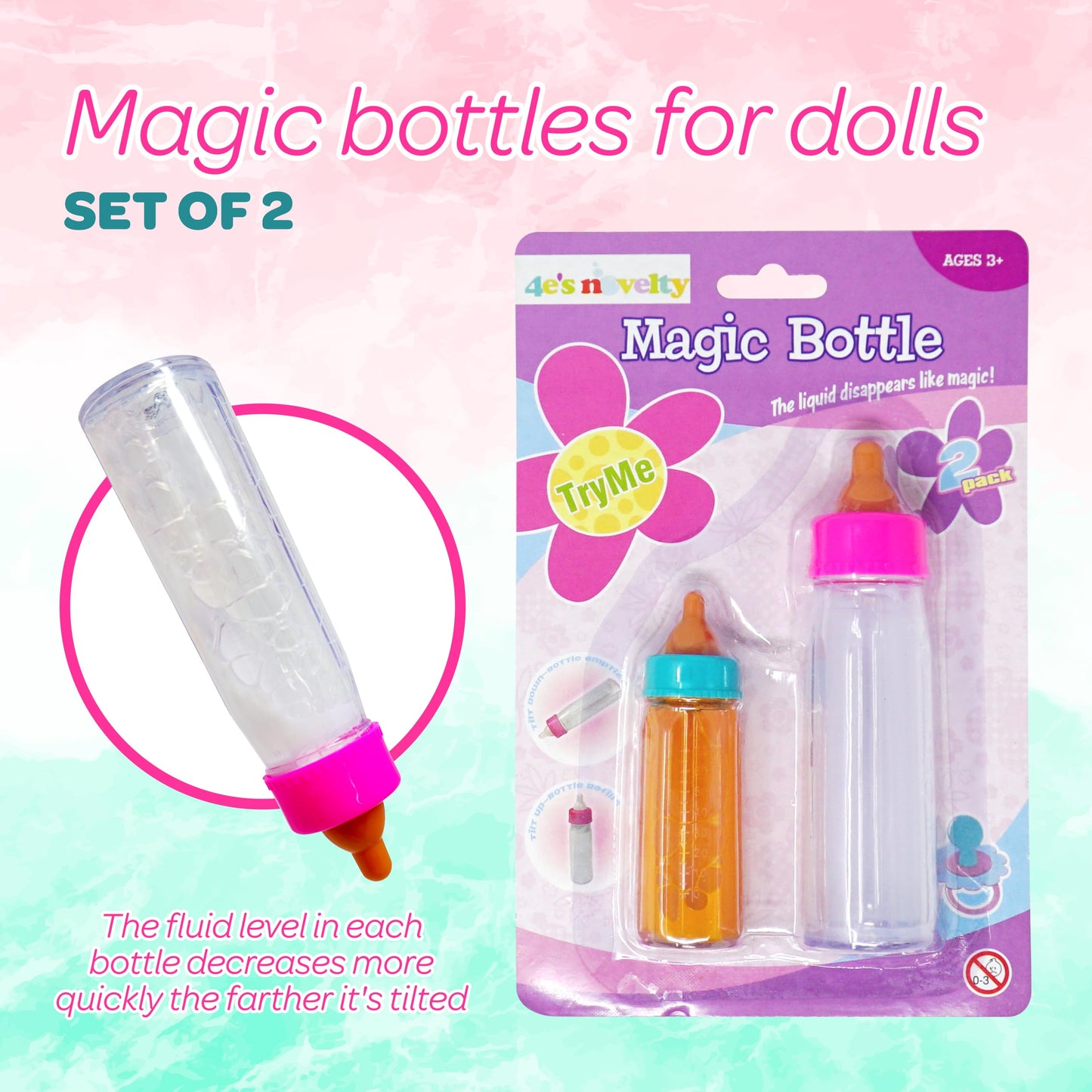 4E'S Novelty 2 Pack Baby Doll Bottles Accessories, Magic Doll Disappearing Milk And Juice - Baby Doll Accessories Toys For Kids Toddlers, Great Gift Stocking Stuffers For Little Girls Ages 3 4 5 6 7
