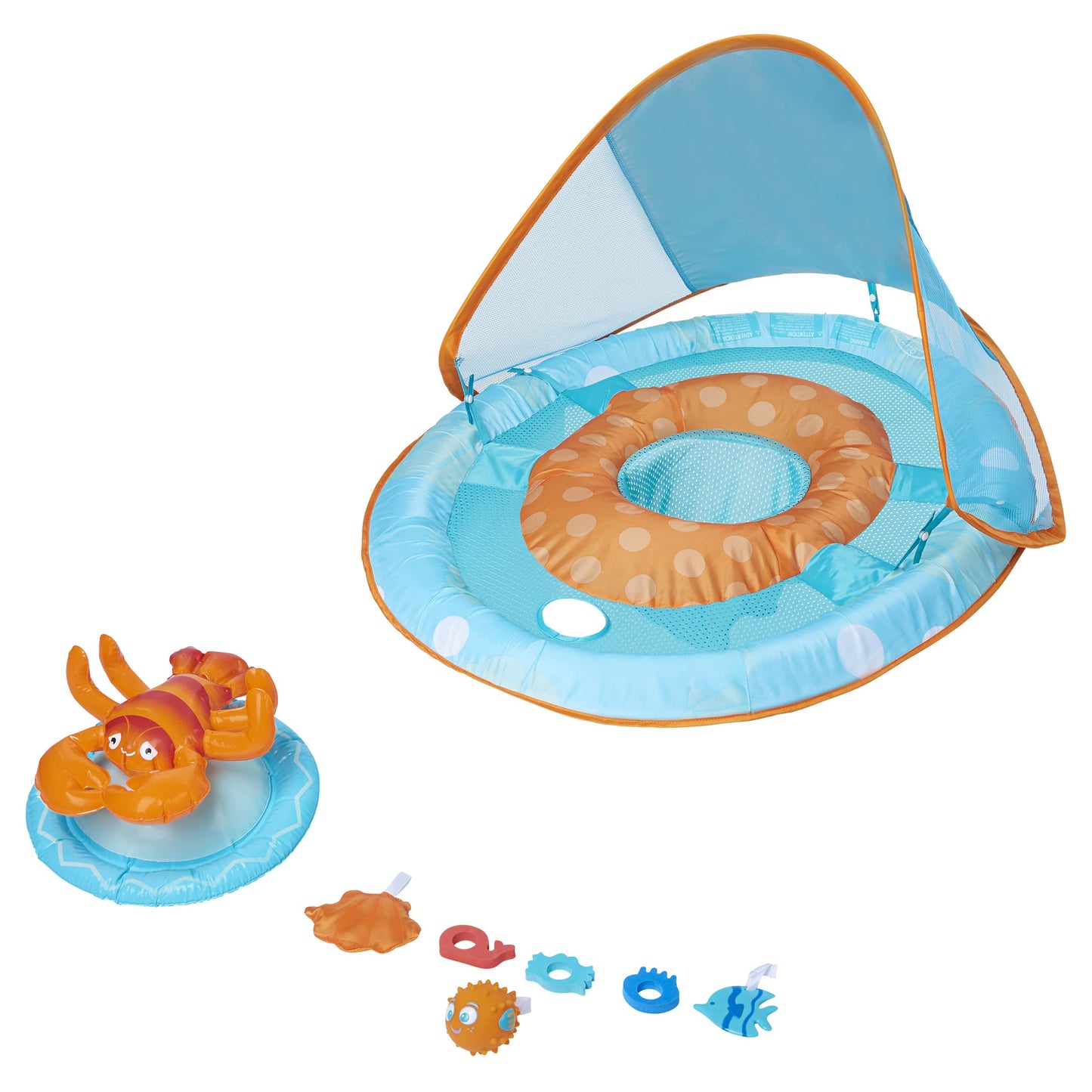 Swimways Baby Spring Float Activity Center With Canopy - Blue/Orange Lobster