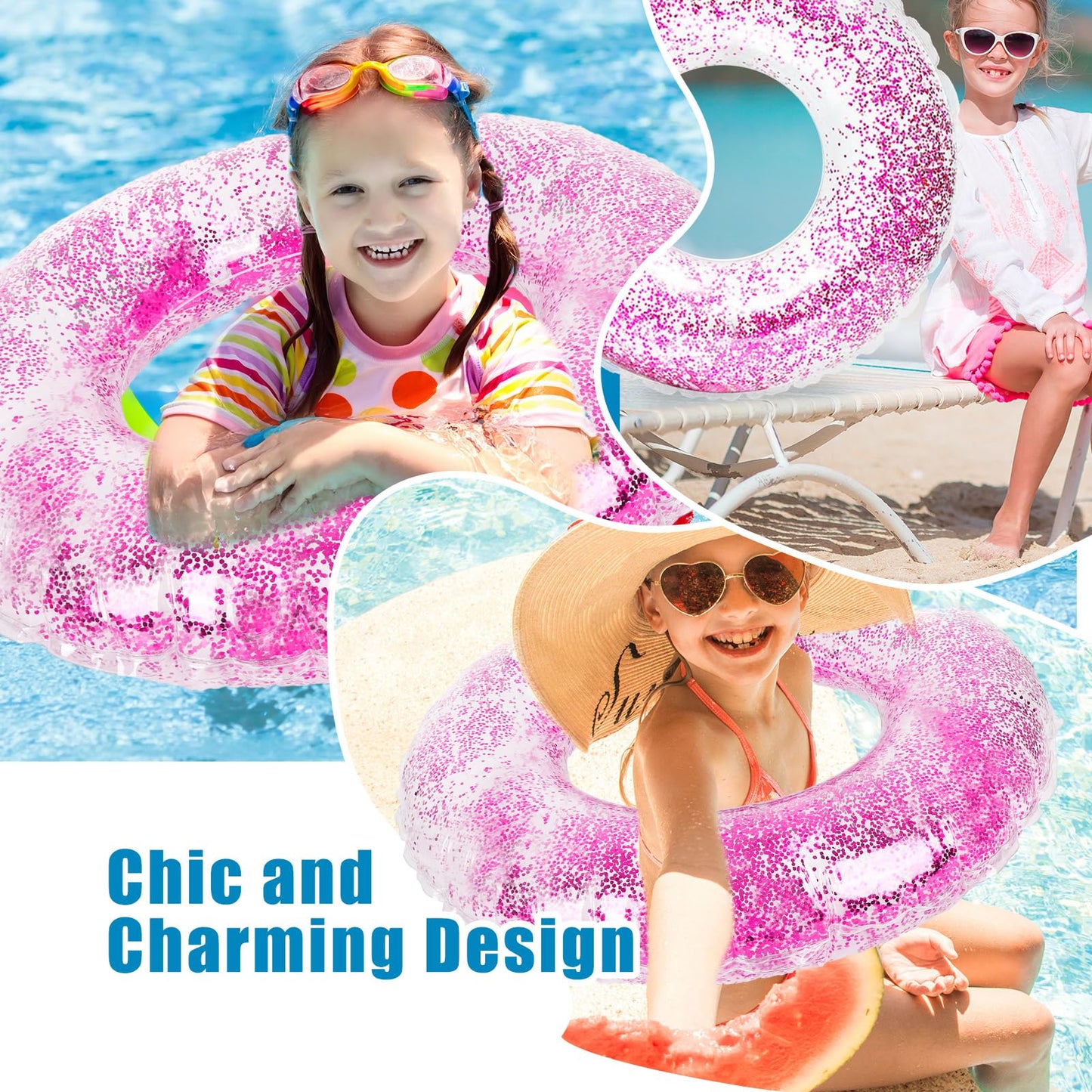 Whaline 4Pcs Inflatable Pool Floats Toys Clear Swim Tubes Rings Glitter Hot Pink Pool Tube For Teen Boys Girls Outdoor Summer Sw