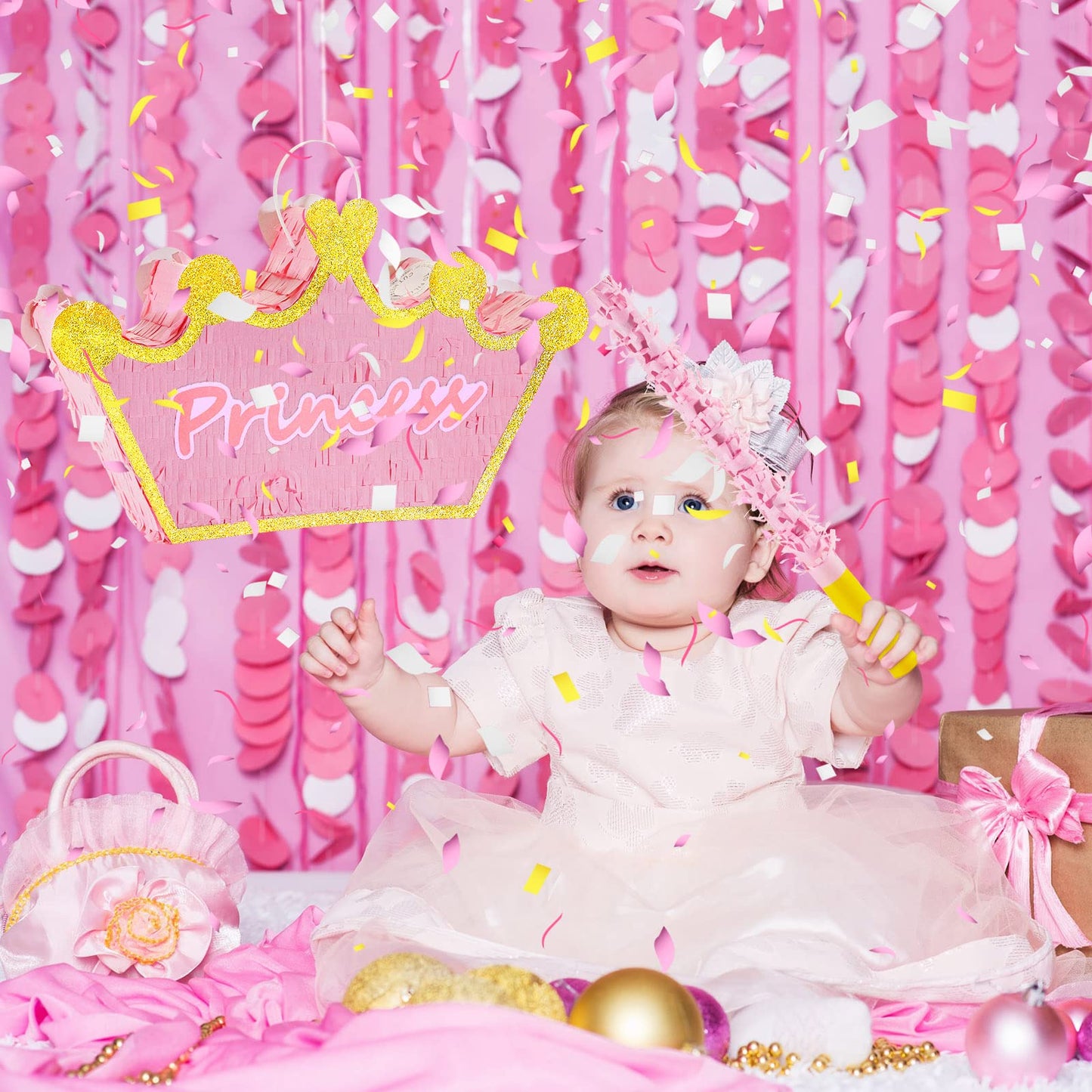 Lewtemi Pink Princess Piñata For Girls With Stick Blindfold And Confetti Crown Piñata For Princess Party Decorations, Photo Prop, Birthday, Funny Anniversary