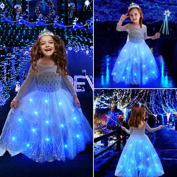 Latocos Light Up Frozen Elsa Costume For Girls Kids Princess Dress Up Cloths For Little Girls Birthday Halloween Cosplay