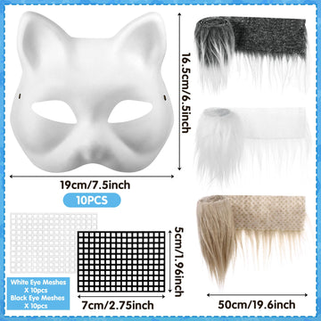 Draupnir 10Pcs Cat Mask Therian Mask Fox Mask with Fur and Eye Mesh, DIY Blank White Paper Cat Face Mask to Paint, Cat Nask Ther