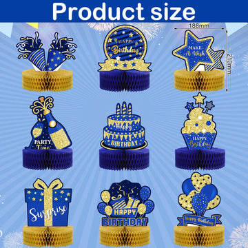 9 Pieces Blue Gold Birthday Table Decorations Happy Birthday Honeycomb Centerpieces Glitter Table Toppers, Blue and Gold Party D