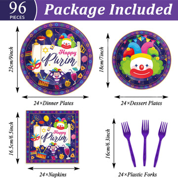 Gisgfim 96 Pcs Happy Purim Plates And Napkins Party Supplies Set Jewish Holiday Carnival Disposable Tableware Decorations Favors