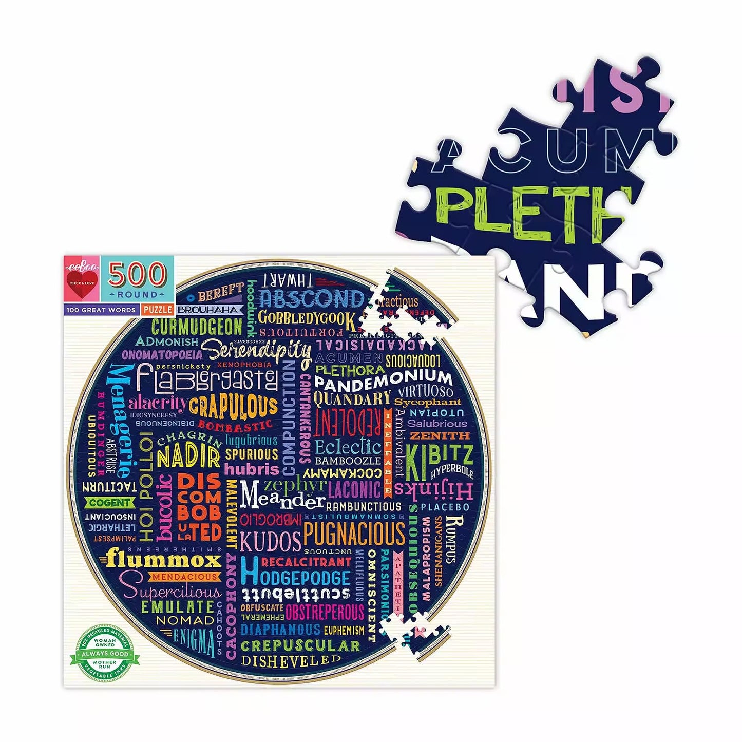 Eeboo: Piece And Love 500 100 Great Words Piece Round Circle Jigsaw Puzzle, Puzzle For Adults And Families, Glossy, Sturdy Pieces And Minimal Puzzle Dust