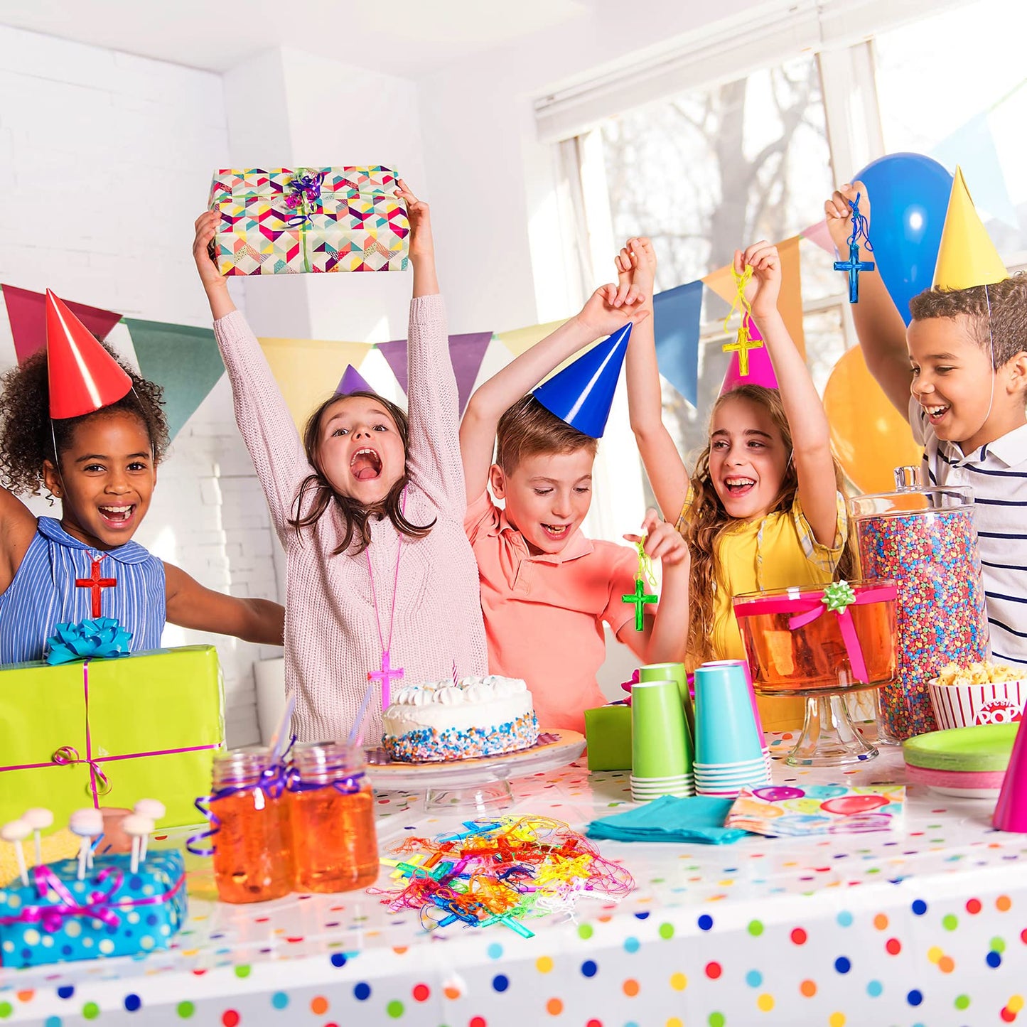 96 Pcs Crystal Cross Necklace Plastic Colored Necklaces Christian Religious Party Favors Christian Toys for Sunday School Prize