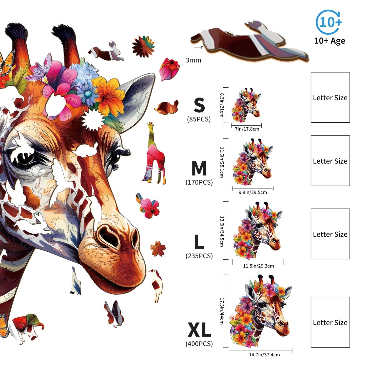 Woodemon Wooden Puzzles For Adults, Flowers And Giraffes (M-170Pcs) Wooden Jigsaw Puzzles Kids, 11.6*9.9In Unique Shaped Animal Wood Puzzles Adults, Xmas Christmas Puzzles Birthday Gifts Family Games