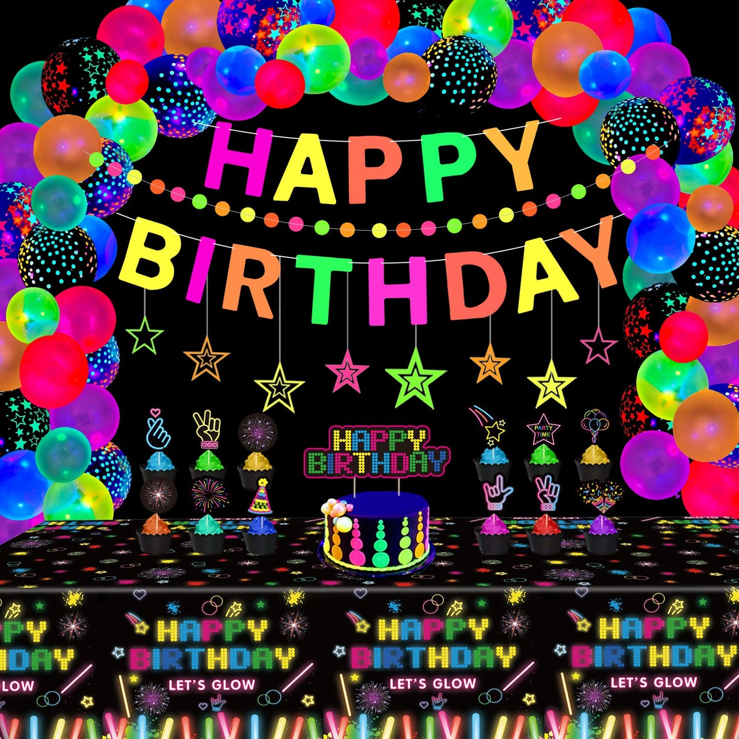 80 Pack Glow Neon Party Supplies Glow Party Decorations Black Light Reactive Decor Set - Fluorescent Banner, Blacklight Garland,