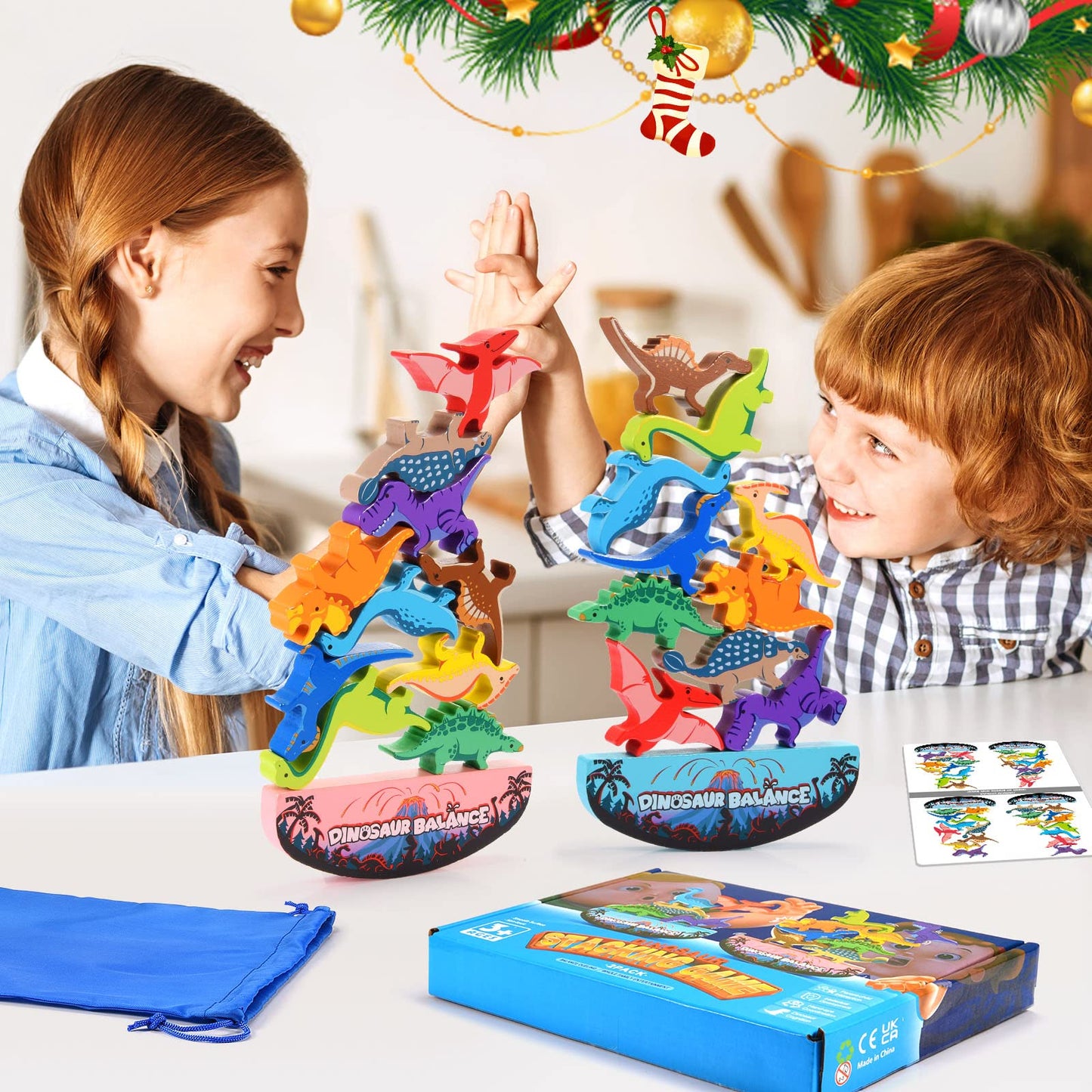 Ipourup Dinosaur Toys For Kids 3-5: Wooden Stacking Montessori Toys For 3 4 5 6 7 Year Old Balance Competition Game For Family Ideal Easter Birthday Gifts For Kids Ages 3-7 (Double Version)