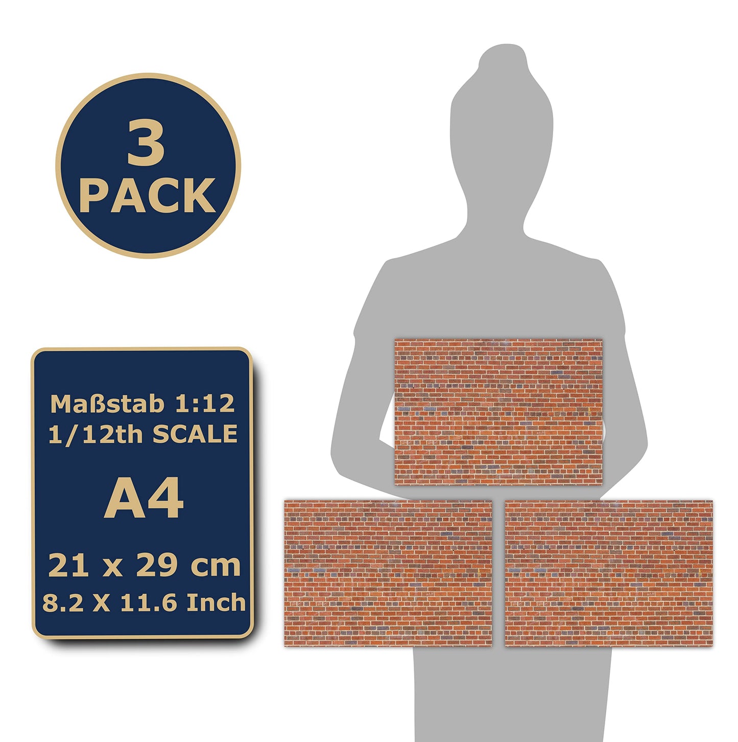 3 Sheets Self-Adhesive Wall Cladding For Dollhouse 1:12 Scale (Red Clinker)
