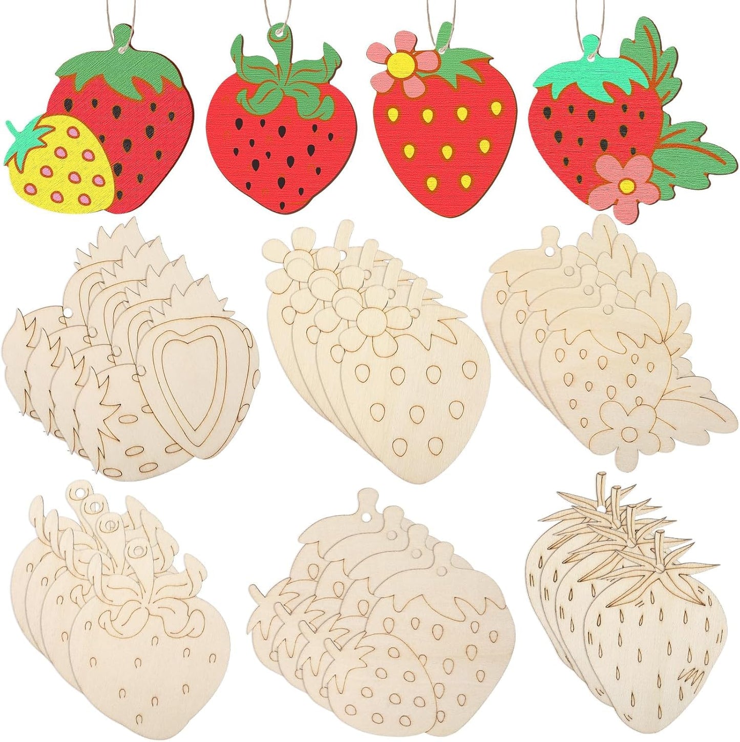 Curious Button 24 Set Strawberry Wooden Craft Kit | Diy Paint Your Own Fruit Kit With Twine | Unfinished Wooden Strawberry Ornam