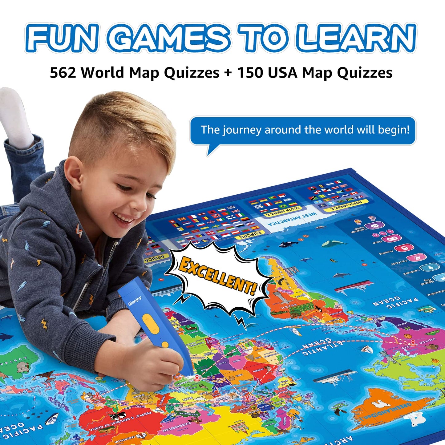 Qiaojoy Bilingual Interactive For Kids Talking Usa Map World Map For Kids Learning, Geography Toys Games Educational Electronic Map Personalized Gift/Toys For 4 5 6 7 8 9 10 Year Old Girls/Boys…