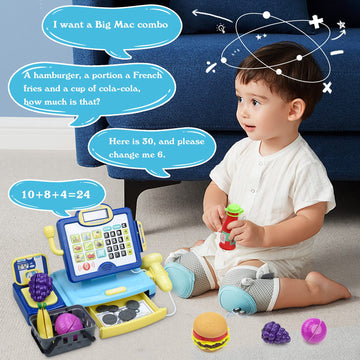 SUPERHIGH Cash Register for Kids - Blue & Yellow Toy with Scanner, Cuttable Food, Microphone - Perfect Gift for Toddlers 3-8 Years