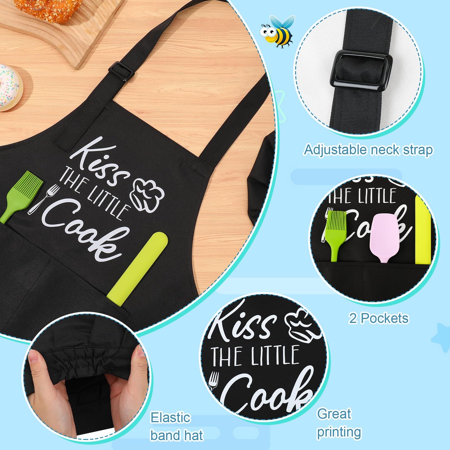 XLSXEXCL Kids Apron and Chef Hat Set, Kiss The Little Cook Apron Adjustable Child Apron Chef in Training Funny Apron with 2 P
