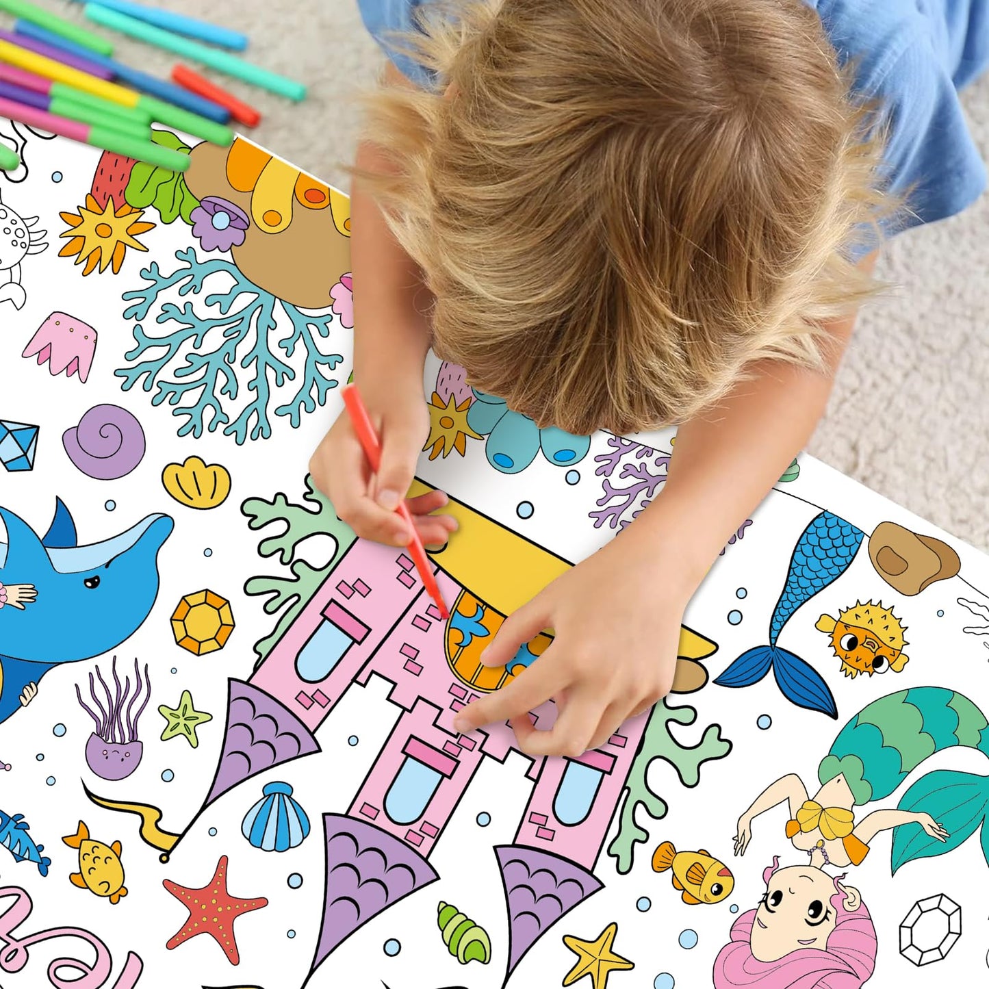 Mermaid Giant Coloring Poster For Kids 30 X 72 Inch, Mermaid Large Coloring Poster Sheets Tablecloth, Mermaid Themed Color-In Ac